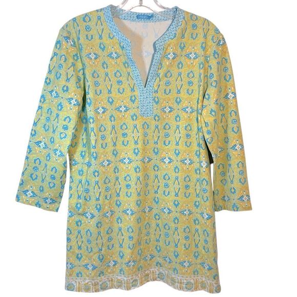 J MCLAUGHLIN LADIES LARGE yellow GREEN BLUE TUNIC SANTANA KNIT CASUAL EVERYDAY - Picture 1 of 11